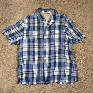 Tommy Bahama Plaid Shirt Mens XL Blue Linen Relax Casual Preppy Travel
